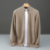 Cardigan Homme Automne Hiver 100% Pure Laine Col Semi-Montant, Veste Pull Zippée Coupe Ample et Ajustée, Vente en Gros Usine OEM ODM