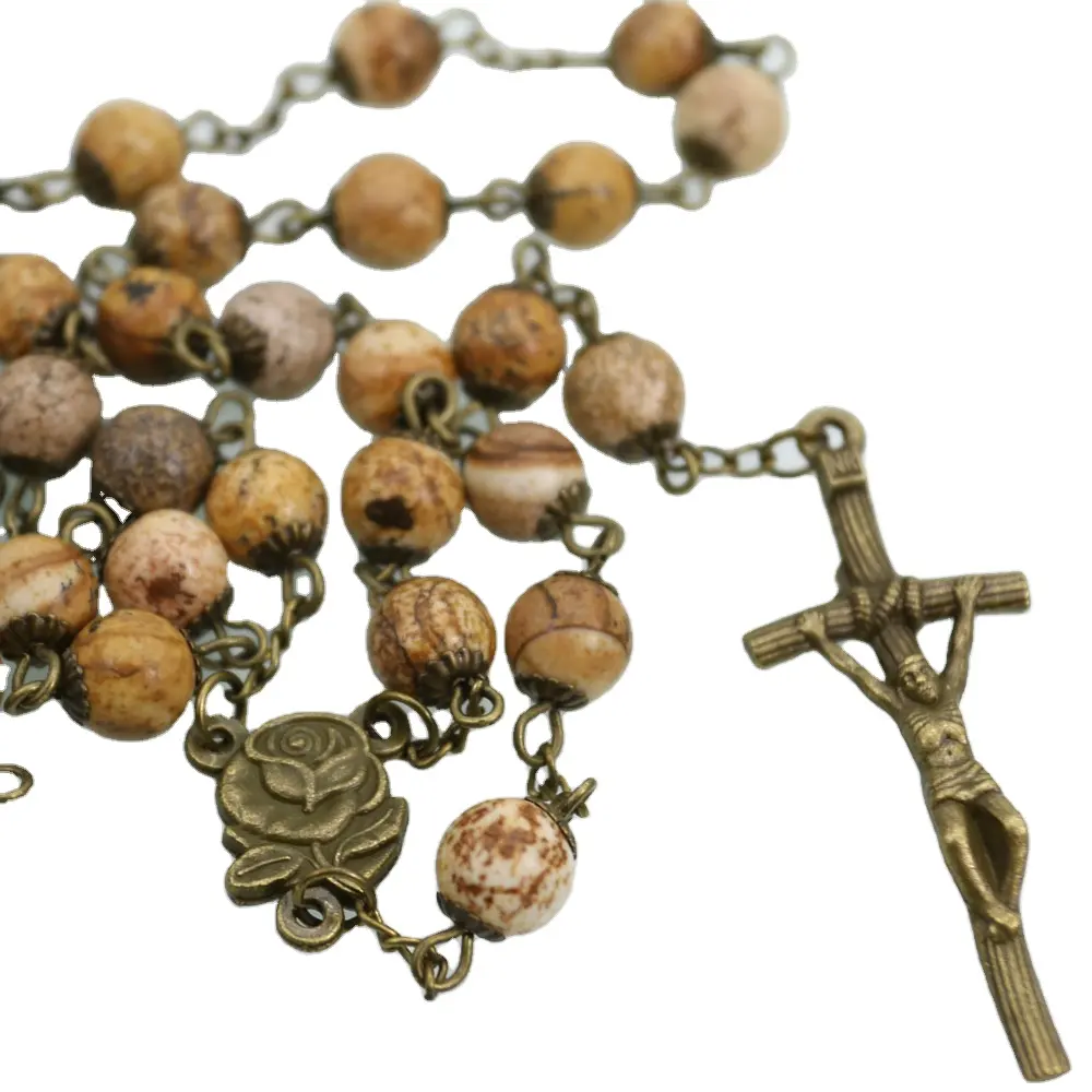 Nature Picture Stone Antique Rosary Necklace Beads Crucifix Catholic Religious Gift Cross