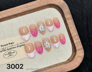 Uñas Postizas Hechas a Mano, Medianas, Almendradas, con Punta Francesa, Diseño de Flores Rosadas en 3D, Uñas Acrílicas para Mujer - Product Image 5