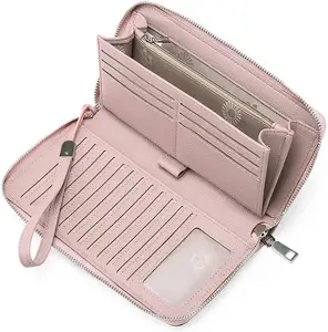 Пользовательский Большой Вместительный розовый длинный кошелек, кошелек для кредитных карт с клатчем и ремешком на запястье