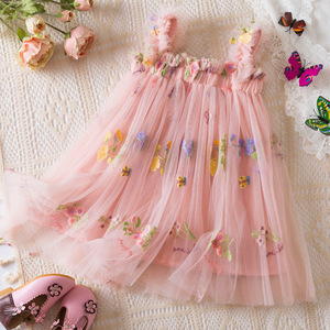 Robe en maille brodée de fleurs personnalisée pour filles, nouvelle collection, avec manches volantées et bretelles, jupe princesse moelleuse pour enfants - Product Image 3