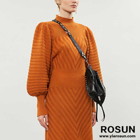 Robe femme tricotée personnalisée avec manches bouffantes trompette ajustée côtelée grande taille décontracté taille Empire silhouette droite