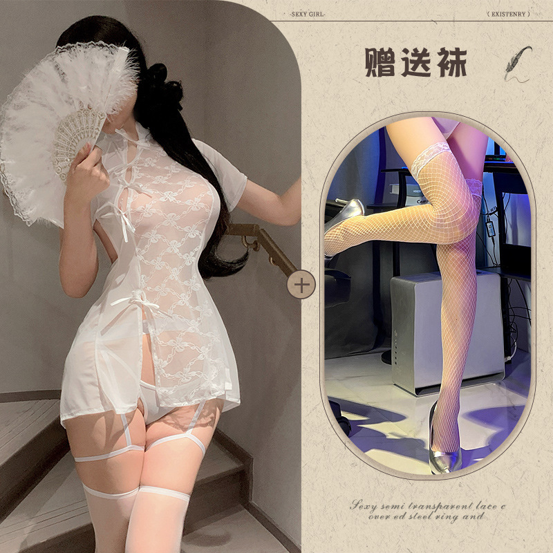 ชุดกี่เพ้าสีขาว Moonlight Lover + ถุงน่องตาข่ายสีขาว