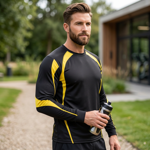 Black Yellow <b>Long</b> Sleeve <b>Men</b> <b>T</b> <b>Shirt</b> Contrast Panel Sport Tee Crew Neck Loose Fit Activewear - Product Image 3