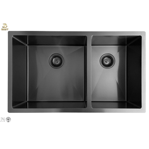 Évier de cuisine moderne à double cuvette poli en acier inoxydable fait à la main du Vietnam monté sur le dessus avec robinet et égouttoir - Product Image 1