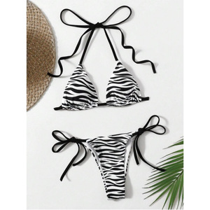 Conjunto de Bikini con Estampado de Cebra para Mujer, Traje de Baño de Dos Piezas Elástico con Cordones Cruzados y Cuello Halter para la Playa - Product Image 3