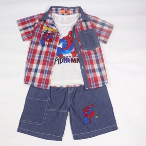 2023キッズ服スパイダーマンハワイアンスタイルボーイズカジュアルベストチェック柄シャツデニムショーツ子供用純綿スリーピーススーツ - Product Image 3