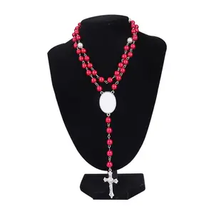 Custom Picture Jesus Cross Religious Catholic Christian Beads Blank Sublimation Rosary Necklace with Oval Insert