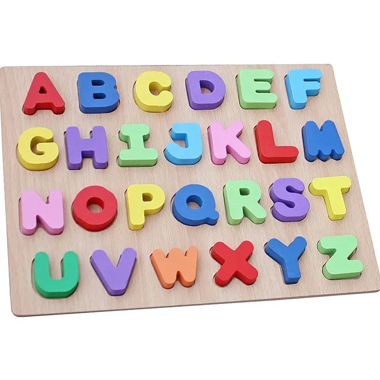 Jigsaw Puzzle Alfabet Kayu untuk Anak-anak, Mainan Pendidikan