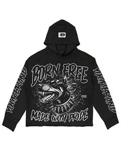 Brand Studios Men's Black Oversized Hoodie Cotton French Terry Streetwear Born Free <b>Dog</b> Print Zip-Up Hoodie For Sale - Product Image 1