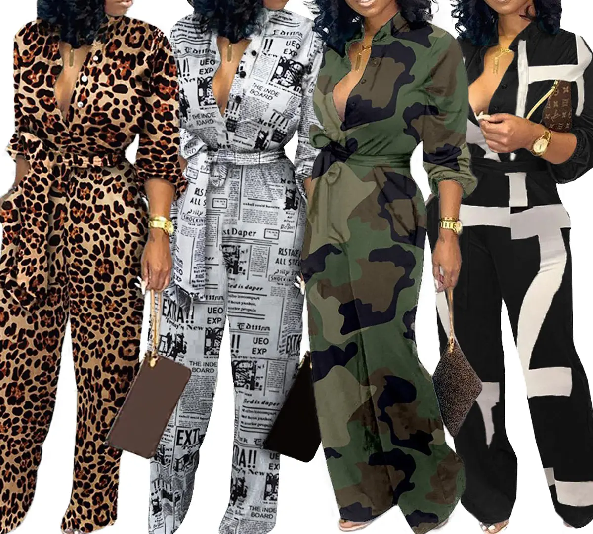 Groothandel Elegante Geometrische Bedrukte Dames Jumpsuits Met Lange Mouwen En Rompertjes Jumpsuit Vrouw Casual Broek Met Luipaardprint En Wijde Pijpen