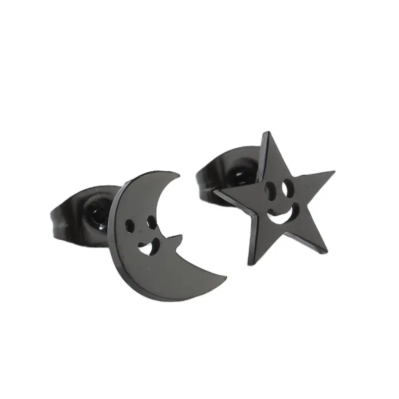 Hollow Out Stainless Steel Earrings Fashion Asymmetrical Retro Gold Pentagram Star Moon Wholesale Earrings