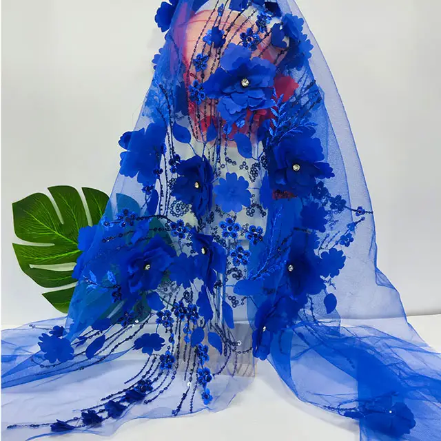 Precio al por mayor tela de encaje de tul bordado de gama alta 3D flor encaje azul tela bordada