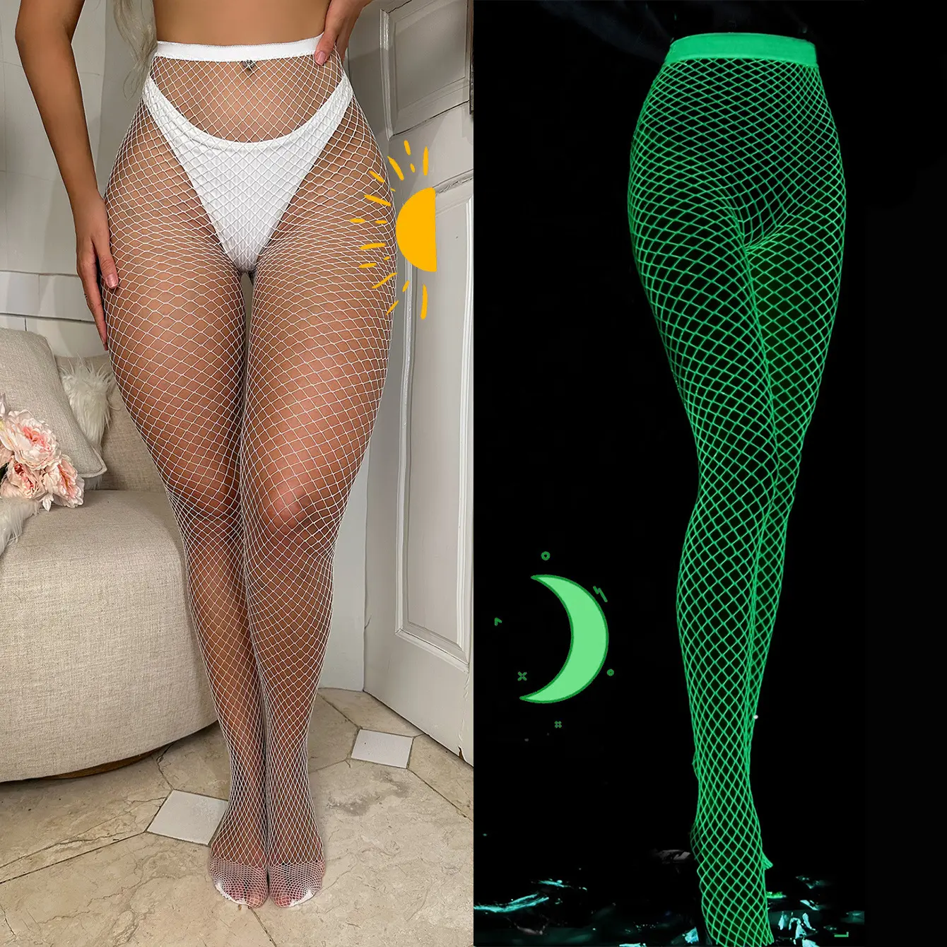 Nouveau design femmes Sexy bas fille mode robe nouveauté Leggings lumineux Disco Club résille chaussettes creux bas