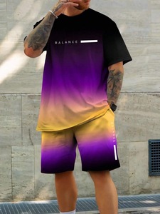 2pcs set letter-print gradient short-sleeved <b>T</b>-<b>shirt</b> and shorts suitable for comfortable summer wear Customization available.F10 - Product Image 2