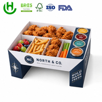 Plateau de service personnalisé pour poulet frit, boîte en carton imprimée avec séparateurs pour frites, fruits, salades, coupelles de sauce, restaurant et traiteur