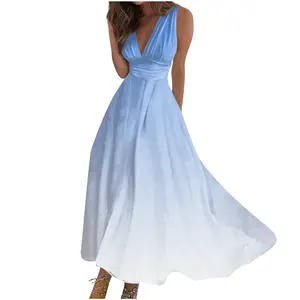 Truyền Nhiệt In Phụ Nữ Dresses Phong Cách Kỳ Nghỉ Sâu V Cổ Không Tay Sexy Mùa Xuân Mùa Hè Ăn Mặc Phụ Nữ