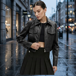 <b>FLY</b> FIT INTERNATIONAL <b>Women's</b> Black PU Faux Leather Breathable Water Resistant Trucker <b>Jacket</b> Long Sleeve Zip Turn Collar Short - Product Image 6