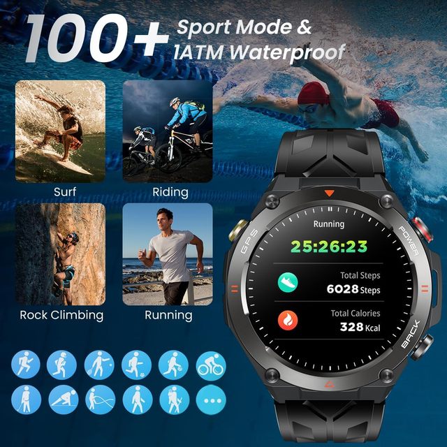 EDS KC82 Outdoor Smartwatch with 107 Sports Modes GPS Sports Tracking Fitness Watch Compass Air Pressure 650 MAh Battery