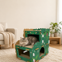 Griffoir pour chat double niveau détachable en carton ondulé, écologique, pour intérieur, avec escalier, imprimé thème Noël, pour plusieurs chats