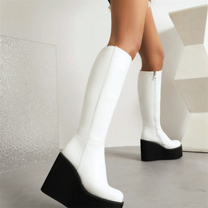 Custom Plus Size Round Toe <b>Knee</b> <b>High</b> Zip Ladies Thick Sole Platform Women Wedges Boots - Product Image 3