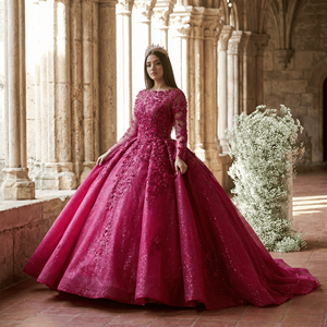 Lsany212 Robe de mariée de luxe musulmane arabe à manches longues, ornée de perles et de cristaux, robe de bal, Jancember - Product Image 1