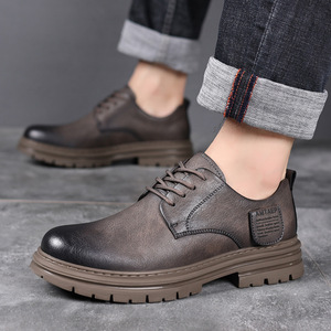 Men's Brown <b>Leather</b> Chunky Shoes Lace-Up Casual <b>Work</b> <b>Boots</b> Solid Color Low-Top Retro Style - Product Image 4