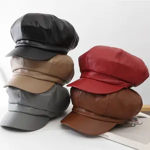 İngiliz tarzı Vintage sonbahar düz düz renk yumuşak PU deri sekizgen Newsboy şekli Casquette bere ressam kap şapka kadınlar için