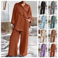 Ensemble 2 pièces grande taille pour femmes européennes et américaines : chemise ample à manches longues et pantalon décontracté – Tenue assortie quotidienne – Vente en gros