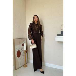 Mono de Encaje Marrón para Mujer, Cintura Alta, Manga Larga, Elegante, Ropa Formal, 100% Poliéster - Product Image 4