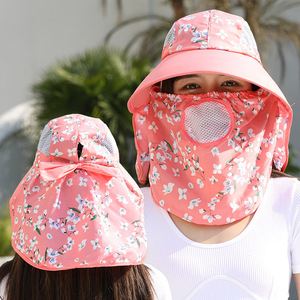 Women's Summer Sun Hat Face Shield Wide Brim Bucket Hat UV Protection Breathable Tea Picking Cycling Hat <b>Light</b> Pink Floral - Product Image 1