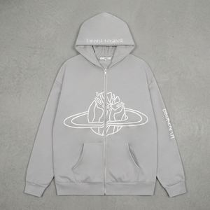 Sudadera con capucha extragrande con cremallera para hombre Broken Tunnel, de algodón gris French Terry, informal, con diseño de estampado de planetas - Product Image 3