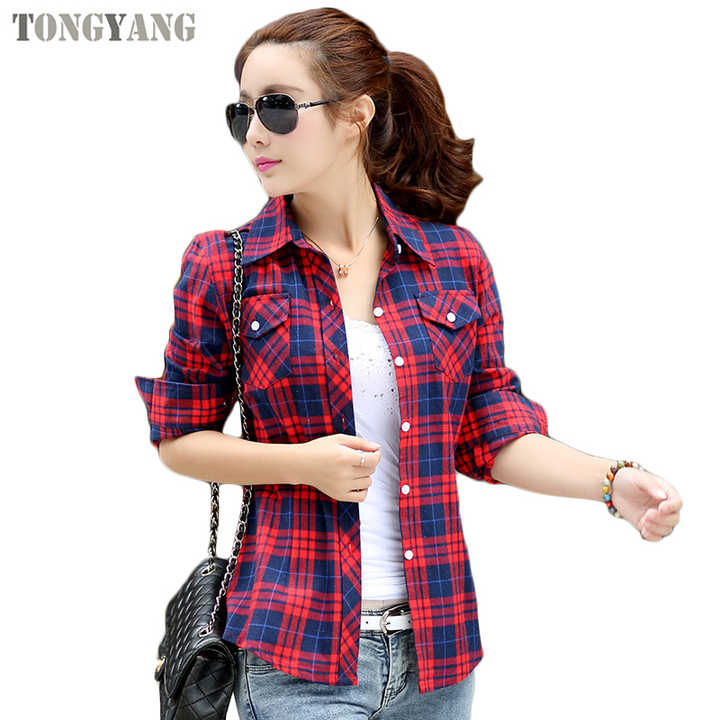 TONGYANG Women Fashion Plaid Cotton Casual