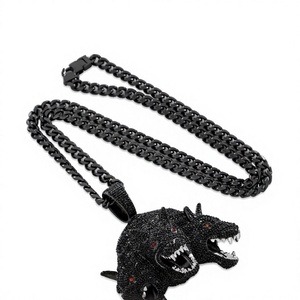 Collar con Colgante de Cabeza de Lobo con Pedrería Negra, Plata 925, Cadena de Aleación Estilo Hip Hop para Hombre, Joyería con Temática Animal, Regalo - Product Image 1