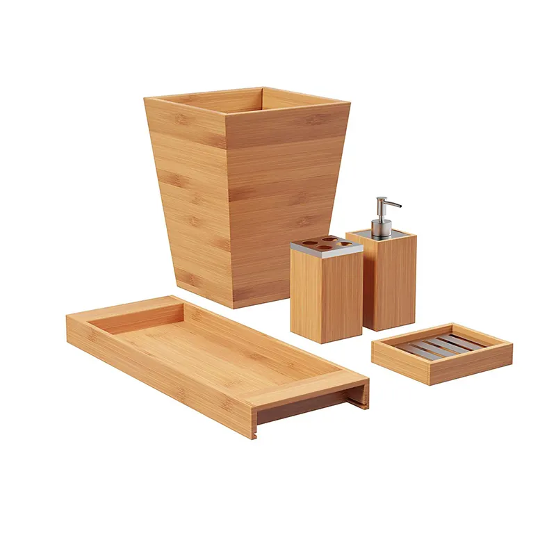 Set of 5 Bamboo Bathroom Accessories Set with Trash Can Soap Dispenser Toothbrush Holder Towel Tray Bamboo Toilet Storage Box