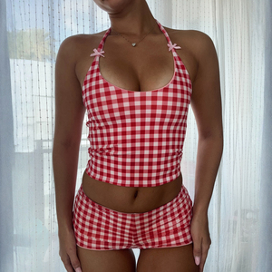 Women's Striped Casual 2-Piece V-Neck Crop Top and Low-Rise Shorts <b>Set</b> with Digital Printing Summer Daily Wear - Product Image 1