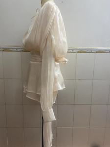 Abiti Mini con Blusa Tinta Unita per Donna, Scollo a V, Maniche Lunghe, <span class=keywords><strong>Stile</strong></span> Dolce con Lacci, <span class=keywords><strong>Abbigliamento</strong></span> <span class=keywords><strong>Femminile</strong></span> alla Moda - Product Image 3