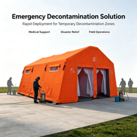 Grande tente de décontamination multi-couloirs avec couverture extérieure verte, tente d'urgence pour matières dangereuses à usage sur le terrain