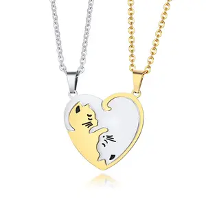 Stellen Lover Romantische Sieraden Kat Hart Vorm Roestvrij Staal Paar 2 Puzzel Stuk Ketting Voor Mannen Vrouwen Liefhebbers Bff Sieraden