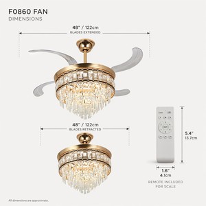 Ventilateur de plafond en cristal de 48 pouces avec lumière LED, moteur DC et télécommande pour salon, lustre moderne - Product Image 2