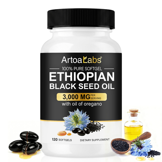Private Label OEM Cold Pressed Ethiopian Black Cumin Seed Oil Softgel Capsules Skin Hair Health Supplements 3000mg Per Serving
