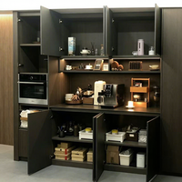 Buffet moderne minimaliste en bois foncé avec éclairage LED et four encastré pour hôtel et cuisine, rangement pour bar à café