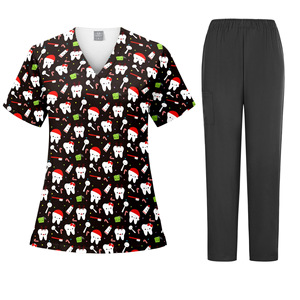 Women's Dental Scrub Set Printed Short Sleeve Split Uniform Moisture Wicking For Clinic Use - Product Image 3
