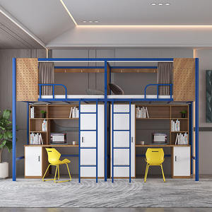 Новый дизайн, голубая каркасная кровать-Лофт с письменным столом и гардеробом, общежитие, капсулы, двухъярусная кровать, стальная и деревянная кровать, капсула для отеля - Product Image 2