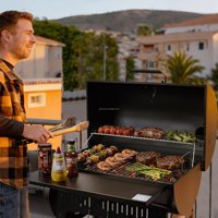 Barbecue fumoir 2-en-1 en bois de fruit avec foyer décalé intégré pour grillades au charbon de bois à la américaine et fumage à basse température et à lente cuisson