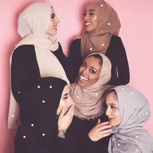 Syal Katun Kerut Polos untuk Wanita, Syal Muslim Hijab, Manik-manik Mutiara Penutup Kepala, Syal Katun Berkerut Polos untuk Wanita