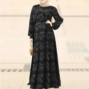 Wholesale In Uk Vintage Silk Printed Casual Islamic Female Floral Sundress Clothing Long Sleeve Turchia Women Robe Muslim Dress