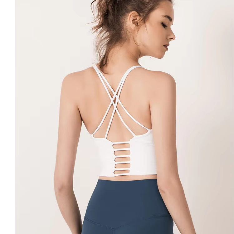 Women Yoga Top with Shockproof Fitness Bra Solid Color Sports Vest with Cross Shoulder Straps Yoga Clothes