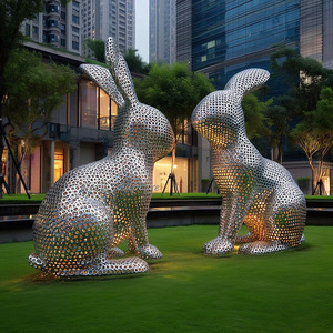 ประติมากรรมกระต่ายสแตนเลสสตีลทันสมัยสำหรับสนามหญ้าโรงแรมกลางแจ้ง งานฝีมือโลหะตามสั่ง ประติมากรรมรูปสัตว์ - Product Image 1