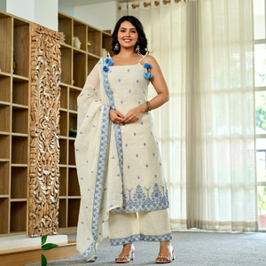 Women Embroidered Straight Kurta Pant Dupatta Set Cotton Salwar Kameez <b>Suit</b> for Wedding Party Daily Wear - Product Image 1